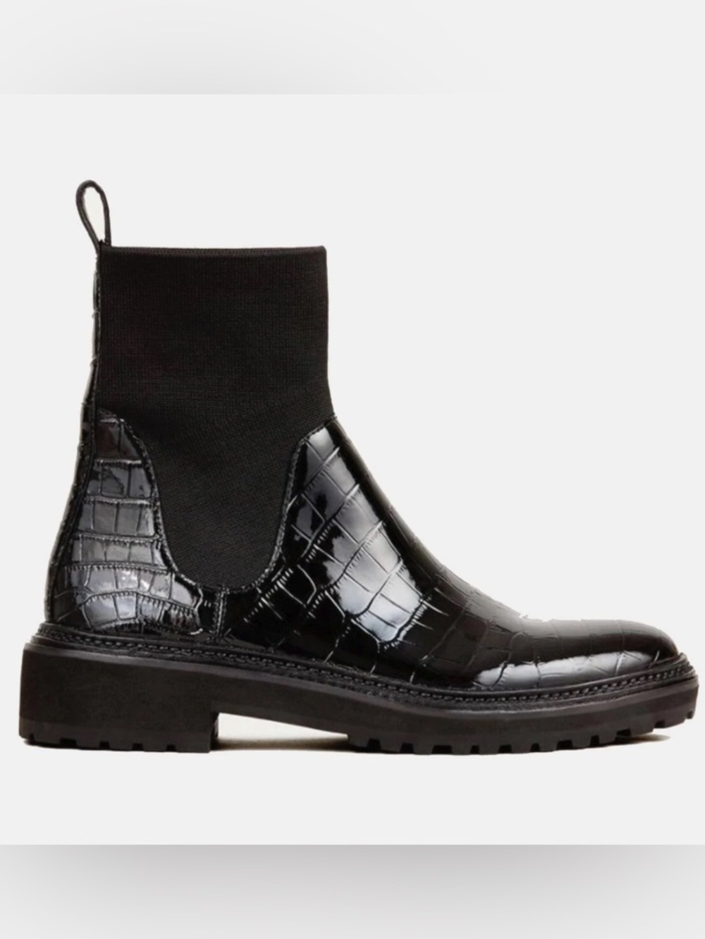 Loeffler Randall Black Croc-Embossed Patent Chelsea Bootie